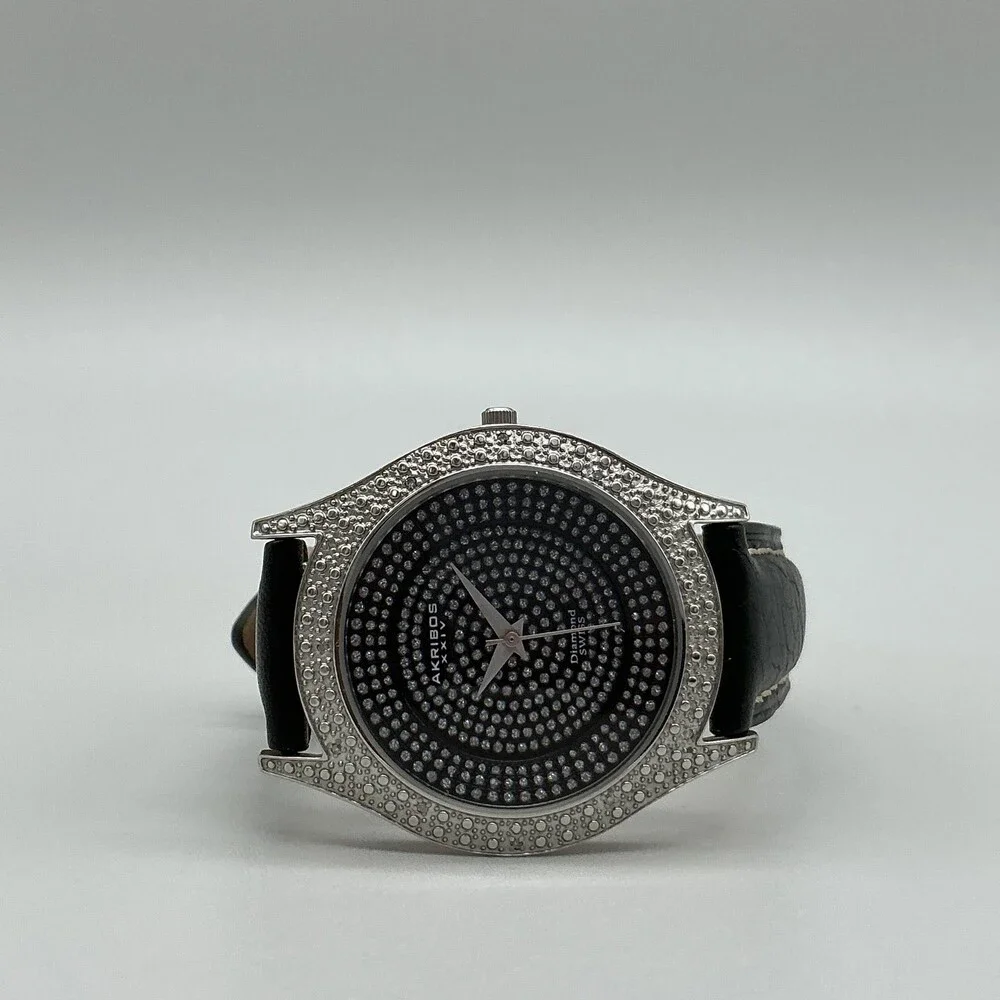 Akribos XXIV AK464BK Womens Watch 36mm Black Dial Leather Diamond New Battery